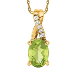 14K Solid Yellow Gold Oval Peridot Diamond Necklace - Picture 1 of 12