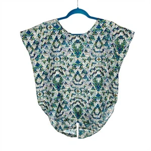 NWT Parker Slit Back Cap Sleeve Blouse Medium Green Geometric Kaleidoscope Print - Picture 1 of 10
