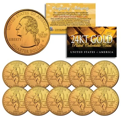 2003 Illinois State Quarters U.S. Mint BU Coins 24K GOLD PLATED (Quantity 10) - Image 1 of 3