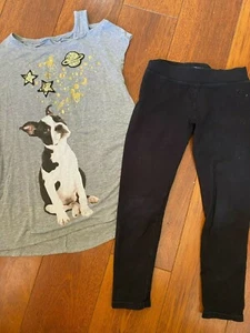 girls JUSTICE SET gray dog tunic boxer SHIRT black LEGGINGS CAPRI PANTS size 10  - Picture 1 of 3