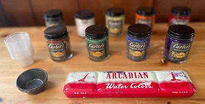 Vintage Lot Carter Tintenflaschen Gläser 16 Farbbecher & arkadische Aquarelle Dose - Bild 1 von 24