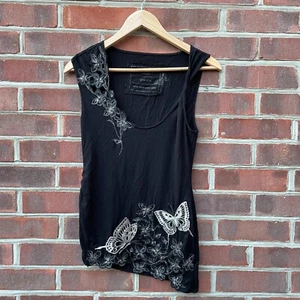 KAREN MILLEN Black Vest Top Size UK 8 Embroidered Sleeveless A-Symmetrical - Picture 1 of 6