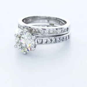 4.3 CARAT AGI LAB-CREATED DIAMOND D/VVS1 ROUND 18K CLASSIC SIDE-STONE RING SET - Picture 1 of 4