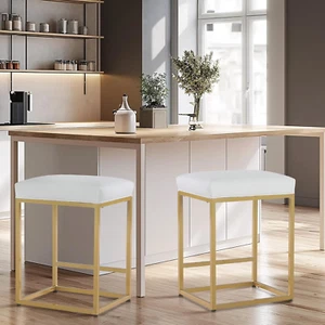 White & Gold Counter Height 24" Bar Stools Set of 2 for Kitchen Counter Modern B - Picture 1 of 10