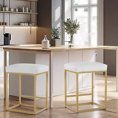 White & Gold Counter Height 24" Bar Stools Set of 2 for Kitchen Counter Modern B - Image 1 of 4