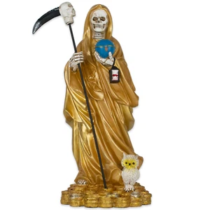 Santa Muerte 12" Holy Death Grim Reaper Holding Globe & Scythe Gold Tunic Color - Picture 1 of 2