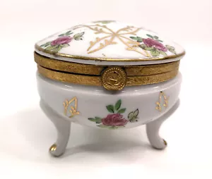 Vintage Handpainted Footed Floral Hinged Trinket Box Porcelain Roses by Isco - Picture 1 of 9