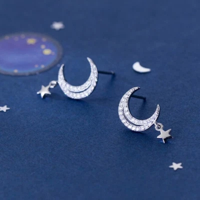 Pendientes colgantes de plata de ley 925 circonitas cúbicas luna y estrella Foto 1 de 4