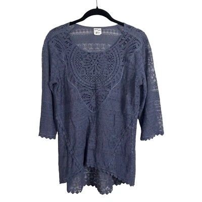 Camisa túnica Mind Set XCVI cuello barco ganchillo encaje azul manga 3/4 azul transparente LP Foto 1 de 4