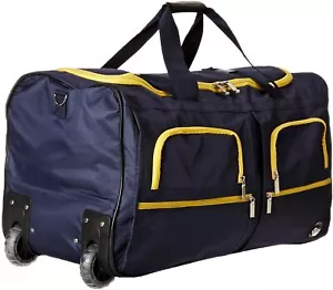 Rolling Duffel Bag Luggage Vacation Flying Wheels Navy Blue Bundle Gym Pack Sack - Picture 1 of 3