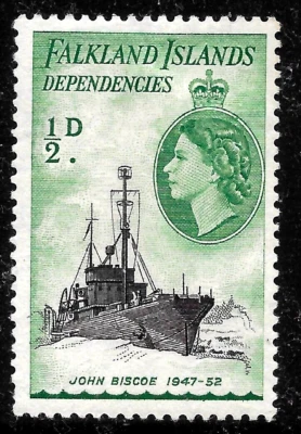 FALKLAND ISLANDS  1954 QE2  1/2d MH OG VF SHIP JOHN BISCOE 1947-52 - Image 1 of 2