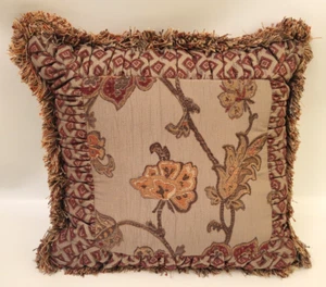 Burgundy & Taupe Ornate Floral Tapestry 17"x17" Throw Pillow w/Fringe - Picture 1 of 6