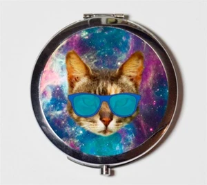 Outerspace Cat Sunglasses Compact Mirror Make Up Pocket Mirror Cosmetic - Picture 1 of 2