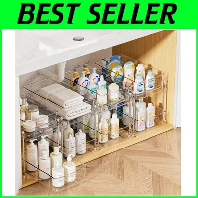 Paquete de 4 organizadores de baño transparentes de 2 niveles con cajones extraíbles - Ahorro de espacio Foto 1 de 4