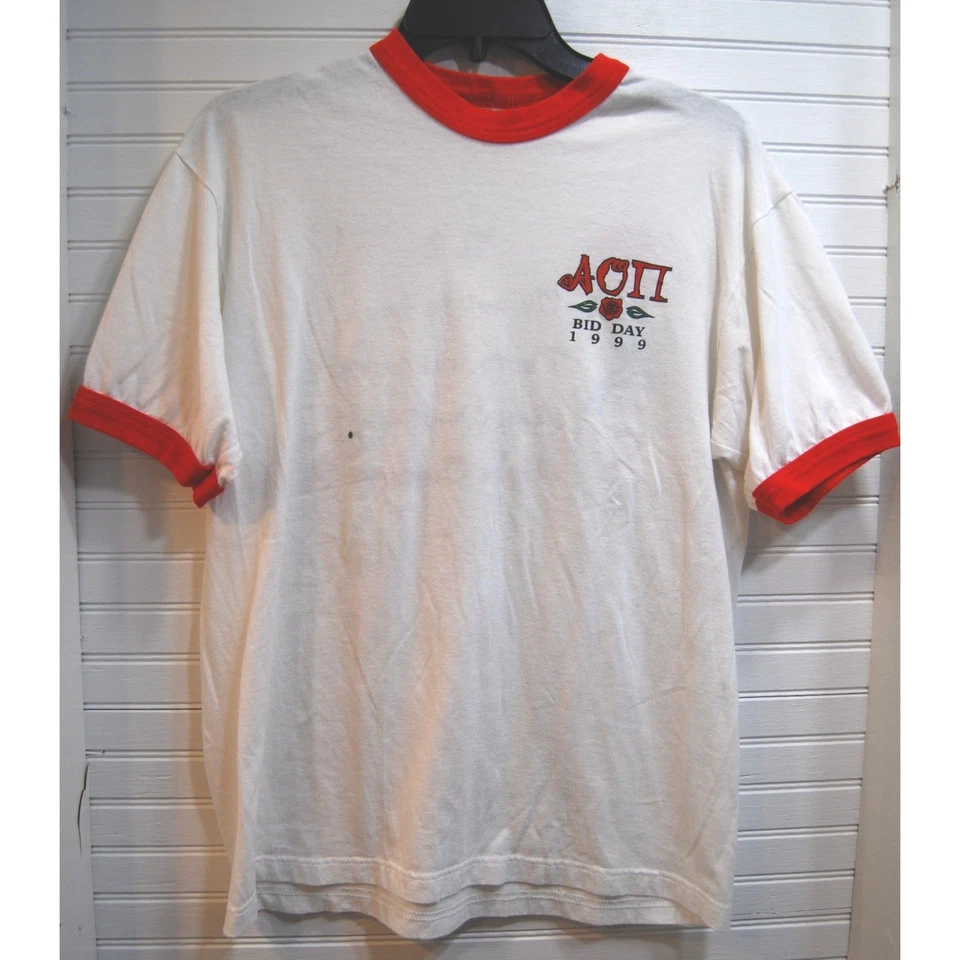 Vintage Sorority t-shirt Women's Large Alpha Omicron Pi Ringer tee 90s - Image 1 of 4