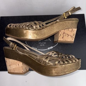 Vintage Prada Heels Gold Slingback Gr. EUR 37 US 7 mit Karton & Schuhbeutel Party - Bild 1 von 16