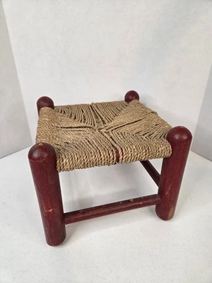 Taburete de pie de asiento de cuerda tejida de madera vintage boho granja rústico decoración de campo Foto 1 de 4