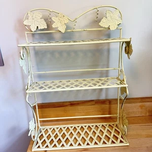 VTG Wrought Iron Metal Wall Shelf Grape Leaves Trellis Lattice 3 Tier Off White - Picture 1 of 13