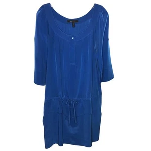 BCBGMaxazria Dress XS Silk Tie Waist Roll Tab Sleeve Minimalist Button Blue - Picture 1 of 9
