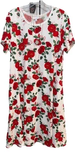NWT LuLaRoe Large White Red Green Pink Roses Floral Jessie Swing Dress w/Pockets - Picture 1 of 9