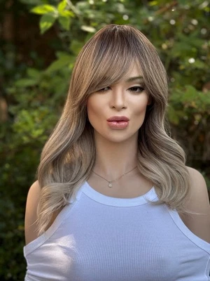 Ashy Blonde Balayage Human Hair Blend Wig - Smoky Taupe Root - Image 1 of 4