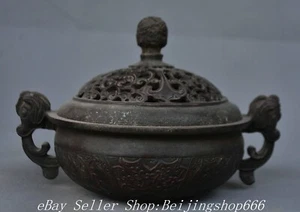 7.6" Old Chinese Purple Bronze Dynasty Beast Handle Hollow out incense burner - Picture 1 of 13