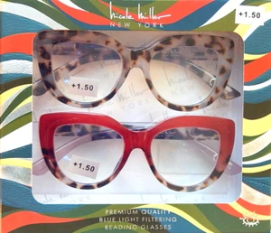 NICOLE MILLER 2-PK PREMIUM BLUE LIGHT FILTER READING GLASSES READERS +1.50 NEW - Picture 1 of 1