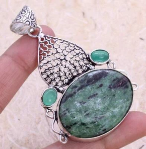 Ruby Zoisite 925 Silver Plated Handmade Pendant of 2.4" Ethnic - Picture 1 of 3