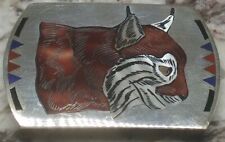 Dale Edaakie Zuni Fancy "Bobcat" or Lynx Belt Buckle Sterling Silver abalone