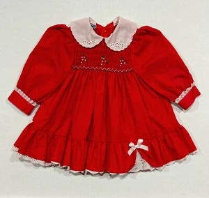 Vintage Polly Flinders Smocked Dress Size 18M Red Eyelet Trim Ruffle Bow READ - Picture 1 of 9