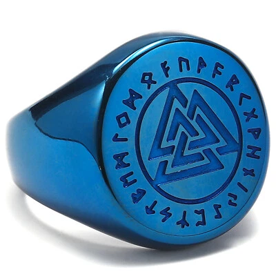 Blue Plated Vintage Nordic Viking Valknut Ring Stainless Steel Men's Biker Ring - Image 1 of 2