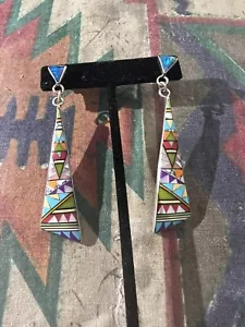 EXCEPTIONAL NATIVE AMERICAN INLAY OPAL DROP EARRINGS~BEAUTIFUL~STERLING - Picture 1 of 5