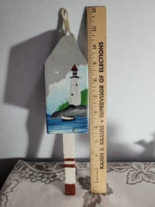 Vtg Wood Hand Painted Decorative W/ Lighthoue Lobster Crab Trap Buoy Float 10.5" - Picture 1 of 7