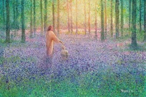 Yongsung Kim WALK WITH ME Canvas Jesus Walking w/Lamb in Wooded Field of Flowers - Picture 1 of 1