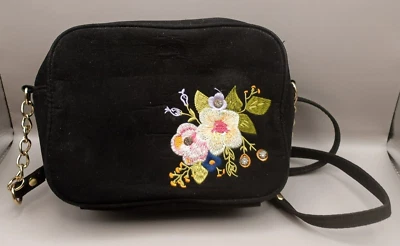 Bolso de Hombro Cartera Steven by Steve Madden Negro Gamuza-Como Flores Bordadas Foto 1 de 4