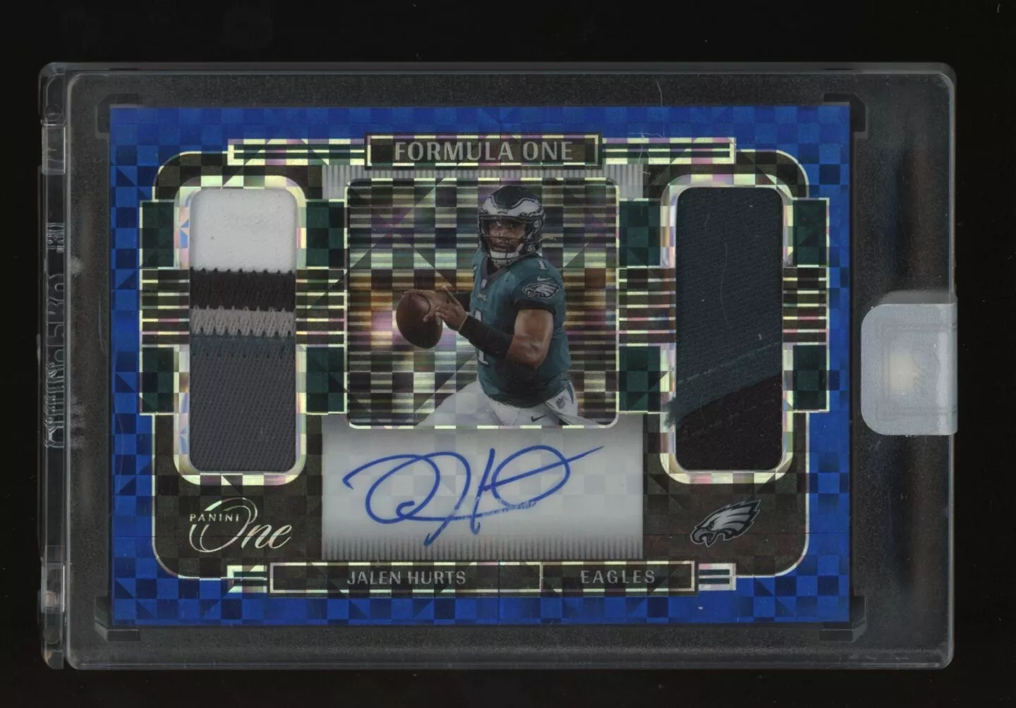 2021 Panini One JALEN HURTS #391 Formula One Dual Patch AUTO! SSP Blue Prizm /15