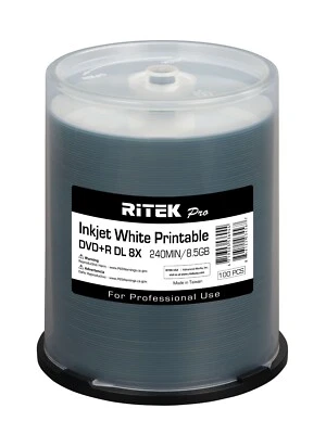 100 Pack Ritek Pro DVD+R DL Dual Layer 8.5GB 8X White Inkjet Hub Printable Disc - Image 1 of 4
