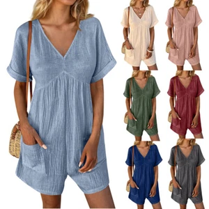 Women's Casual V-Neck Short Sleeve Jumpsuit Summer Outfits Loose Romper Jumpsuit - Picture 1 of 28