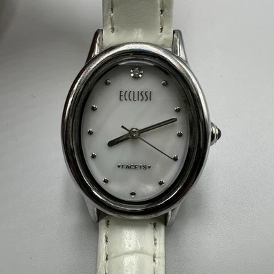 Ecclissi Watch Women Silver Tone Mother of Pearl Dial White Band New Battery 9" - Image 1 of 4