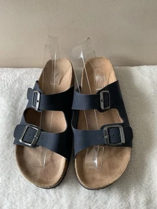 M&S COLLECTION real leather ladies navy blue sliders size 8 - Picture 1 of 7
