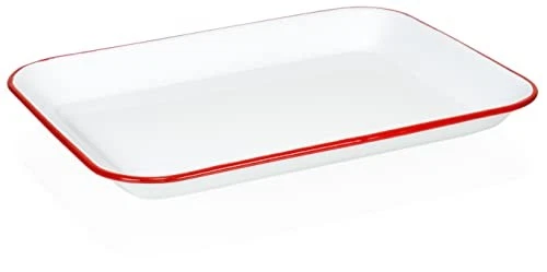 13.5" x 10" Enamelware Metal 1.6 Qt Rectangular Serving Tray, White/Red Rim - Image 1 of 1