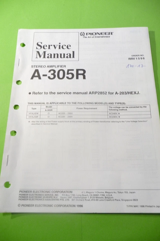 Manuale Di Servizio Per Pioneer A-305R, ORIGINALE - Immagine 1 di 1