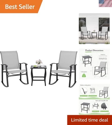 Minimalist Light Gray 3-Piece Outdoor Bistro Set with Rockers & Glass Table - Image 1 of 4