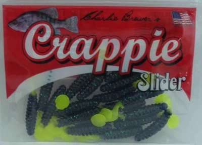 Charlie Brewer CSGGF128 Crappie Slider Grub 1.5" June Bug Chartreuse Tail 15CT Foto 1 de 2