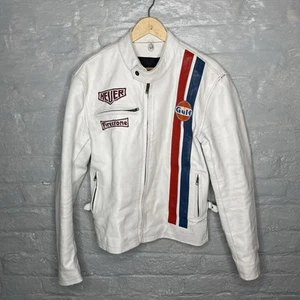 Chaqueta de Carreras Steve McQueen Estilo Le Mans Cuero Blanco Gulf Heuer Firestone SML - Imagen 1 de 24