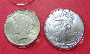 TWO BEAUTIFUL AMERICAN COINS- 1923 SILVER PEACE DOLLAR AND 2023 SILVER EAGLE - Picture 1 of 2