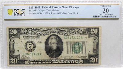 1928 $20 FRN CHICAGO "7" Numerical District Seal, Redeemable In Gold,  PCGS 20 - Image 1 of 4