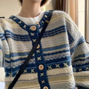 Women Cardigan Knitted Coat Sweater Long Sleeve Round Neck Striped Button Casual - Picture 1 of 11