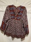 ??Lucky Brand Long Sleeve Peasant Blouse L Floral Rayon Maroon Multi Color Euc
