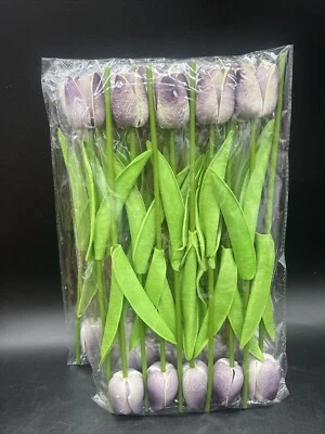 28 Pcs Purple Artificial Tulips Silk Flowers, Long Stem Green Leaves Real Touch - Image 1 of 4